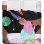Girl Bed Space Planets Spaceship Rocket Astronaut Galaxy Universe Cosmos Woman Dream Imagination Bed Duvet Cover Double Side (King Size)