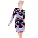 Girl Bed Space Planets Spaceship Rocket Astronaut Galaxy Universe Cosmos Woman Dream Imagination Bed Button Long Sleeve Dress