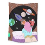 Girl Bed Space Planets Spaceship Rocket Astronaut Galaxy Universe Cosmos Woman Dream Imagination Bed Medium Tapestry