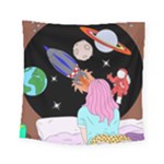 Girl Bed Space Planets Spaceship Rocket Astronaut Galaxy Universe Cosmos Woman Dream Imagination Bed Square Tapestry (Small)