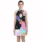 Girl Bed Space Planets Spaceship Rocket Astronaut Galaxy Universe Cosmos Woman Dream Imagination Bed Velvet Halter Neckline Dress 