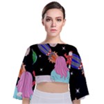 Girl Bed Space Planets Spaceship Rocket Astronaut Galaxy Universe Cosmos Woman Dream Imagination Bed Tie Back Butterfly Sleeve Chiffon Top
