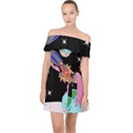 Girl Bed Space Planets Spaceship Rocket Astronaut Galaxy Universe Cosmos Woman Dream Imagination Bed Off Shoulder Chiffon Dress