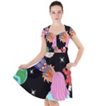 Girl Bed Space Planets Spaceship Rocket Astronaut Galaxy Universe Cosmos Woman Dream Imagination Bed Cap Sleeve Midi Dress