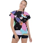 Girl Bed Space Planets Spaceship Rocket Astronaut Galaxy Universe Cosmos Woman Dream Imagination Bed Ruffle Collar Chiffon Blouse
