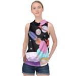 Girl Bed Space Planets Spaceship Rocket Astronaut Galaxy Universe Cosmos Woman Dream Imagination Bed High Neck Satin Top