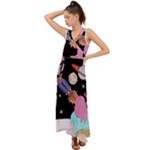 Girl Bed Space Planets Spaceship Rocket Astronaut Galaxy Universe Cosmos Woman Dream Imagination Bed V-Neck Chiffon Maxi Dress
