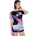 Girl Bed Space Planets Spaceship Rocket Astronaut Galaxy Universe Cosmos Woman Dream Imagination Bed Perpetual Short Sleeve T-Shirt