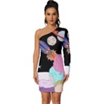 Girl Bed Space Planets Spaceship Rocket Astronaut Galaxy Universe Cosmos Woman Dream Imagination Bed Long Sleeve One Shoulder Mini Dress
