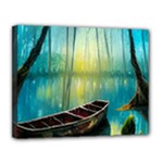 Swamp Bayou Rowboat Sunset Landscape Lake Water Moss Trees Logs Nature Scene Boat Twilight Quiet Canvas 14  x 11  (Stretched)