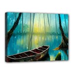 Swamp Bayou Rowboat Sunset Landscape Lake Water Moss Trees Logs Nature Scene Boat Twilight Quiet Canvas 16  x 12  (Stretched)