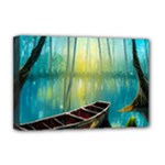 Swamp Bayou Rowboat Sunset Landscape Lake Water Moss Trees Logs Nature Scene Boat Twilight Quiet Deluxe Canvas 18  x 12  (Stretched)