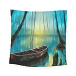 Swamp Bayou Rowboat Sunset Landscape Lake Water Moss Trees Logs Nature Scene Boat Twilight Quiet Square Tapestry (Small)
