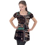 Retro Electronics Old Antiques Texture Wallpaper Vintage Cassette Tapes Retrospective Puff Sleeve Tunic Top