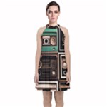 Retro Electronics Old Antiques Texture Wallpaper Vintage Cassette Tapes Retrospective Velvet Halter Neckline Dress 