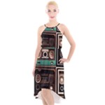 Retro Electronics Old Antiques Texture Wallpaper Vintage Cassette Tapes Retrospective High-Low Halter Chiffon Dress 