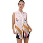 Abstract Geometric Bauhaus Polka Dots Retro Memphis Rainbow Sleeveless Chiffon Button Shirt