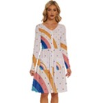 Abstract Geometric Bauhaus Polka Dots Retro Memphis Rainbow Long Sleeve Dress With Pocket