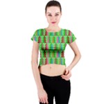 Trees Pattern Retro Pink Red Yellow Holidays Advent Christmas Crew Neck Crop Top