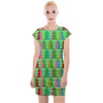 Trees Pattern Retro Pink Red Yellow Holidays Advent Christmas Cap Sleeve Bodycon Dress