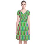 Trees Pattern Retro Pink Red Yellow Holidays Advent Christmas Short Sleeve Front Wrap Dress