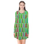 Trees Pattern Retro Pink Red Yellow Holidays Advent Christmas Long Sleeve V-neck Flare Dress