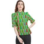 Trees Pattern Retro Pink Red Yellow Holidays Advent Christmas Frill Neck Blouse