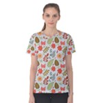 Background Pattern Flowers Design Leaves Autumn Daisy Fall Women s Cotton T-Shirt