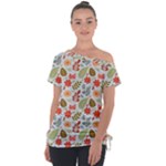 Background Pattern Flowers Design Leaves Autumn Daisy Fall Off Shoulder Tie-Up T-Shirt