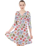 Background Pattern Flowers Design Leaves Autumn Daisy Fall Quarter Sleeve Front Wrap Dress