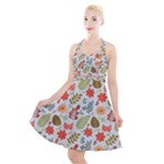 Background Pattern Flowers Design Leaves Autumn Daisy Fall Halter Party Swing Dress 