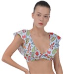 Background Pattern Flowers Design Leaves Autumn Daisy Fall Plunge Frill Sleeve Bikini Top