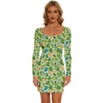 Leaves Tropical Background Pattern Green Botanical Texture Nature Foliage Long Sleeve Square Neck Bodycon Velvet Dress