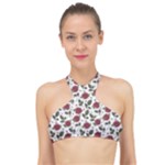 Roses Flowers Leaves Pattern Scrapbook Paper Floral Background High Neck Bikini Top