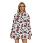 Roses Flowers Leaves Pattern Scrapbook Paper Floral Background Round Neck Long Sleeve Bohemian Style Chiffon Mini Dress
