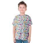 Background Pattern Leaves Pink Flowers Spring Yellow Leaves Kids  Cotton T-Shirt