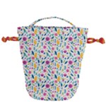 Background Pattern Leaves Pink Flowers Spring Yellow Leaves Drawstring Bucket Bag