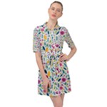 Background Pattern Leaves Pink Flowers Spring Yellow Leaves Belted Shirt Dress