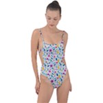 Background Pattern Leaves Pink Flowers Spring Yellow Leaves Tie Strap One Piece Swimsuit