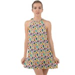 Floral Flowers Leaves Tropical Pattern Halter Tie Back Chiffon Dress