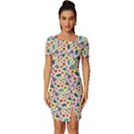 Floral Flowers Leaves Tropical Pattern Fitted Knot Split End Bodycon Dress