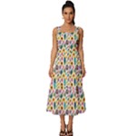 Floral Flowers Leaves Tropical Pattern Square Neckline Tiered Midi Dress