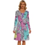 Lines Line Art Pastel Abstract Multicoloured Surfaces Art Long Sleeve Dress With Pocket