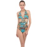 City Painting Town Urban Artwork Halter Front Plunge Swimsuit