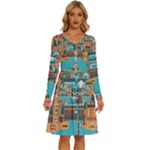 City Painting Town Urban Artwork Long Sleeve Dress With Pocket