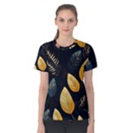 Gold Yellow Leaves Fauna Dark Background Dark Black Background Black Nature Forest Texture Wall Wall Women s Cotton T-Shirt