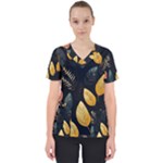 Gold Yellow Leaves Fauna Dark Background Dark Black Background Black Nature Forest Texture Wall Wall Women s V-Neck Scrub Top