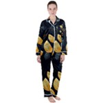 Gold Yellow Leaves Fauna Dark Background Dark Black Background Black Nature Forest Texture Wall Wall Women s Long Sleeve Satin Pajamas Set	