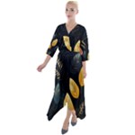 Gold Yellow Leaves Fauna Dark Background Dark Black Background Black Nature Forest Texture Wall Wall Quarter Sleeve Wrap Front Maxi Dress
