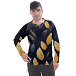 Gold Yellow Leaves Fauna Dark Background Dark Black Background Black Nature Forest Texture Wall Wall Men s Pique Long Sleeve T-Shirt